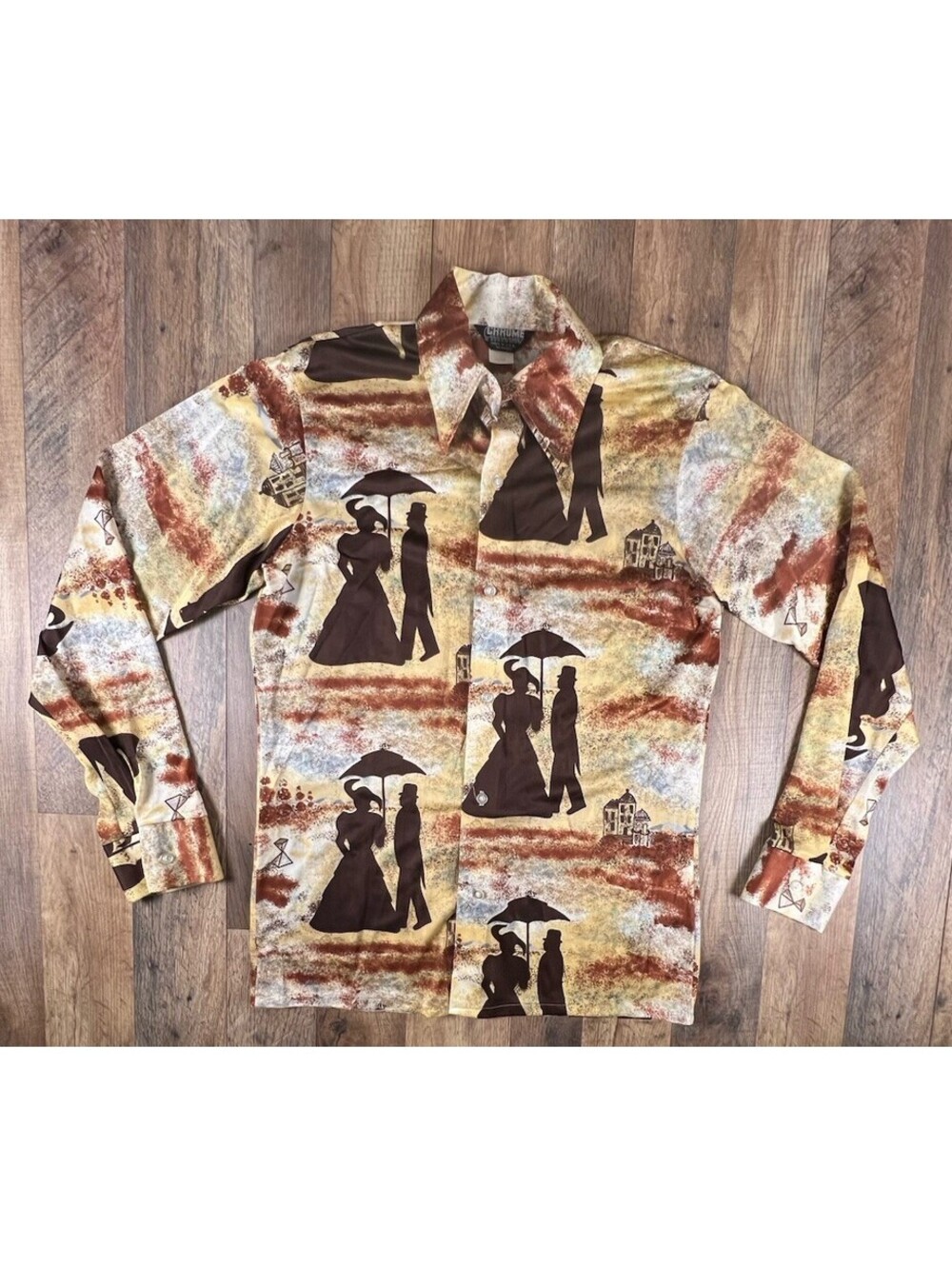 Vintage 70s Patterned Button Up Thin Shirt Silhouette Mary Poppins Couple Scene